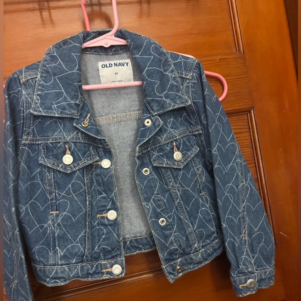 Old Navy 5T Denim Jean Jacket All Over Heart Print Button Front